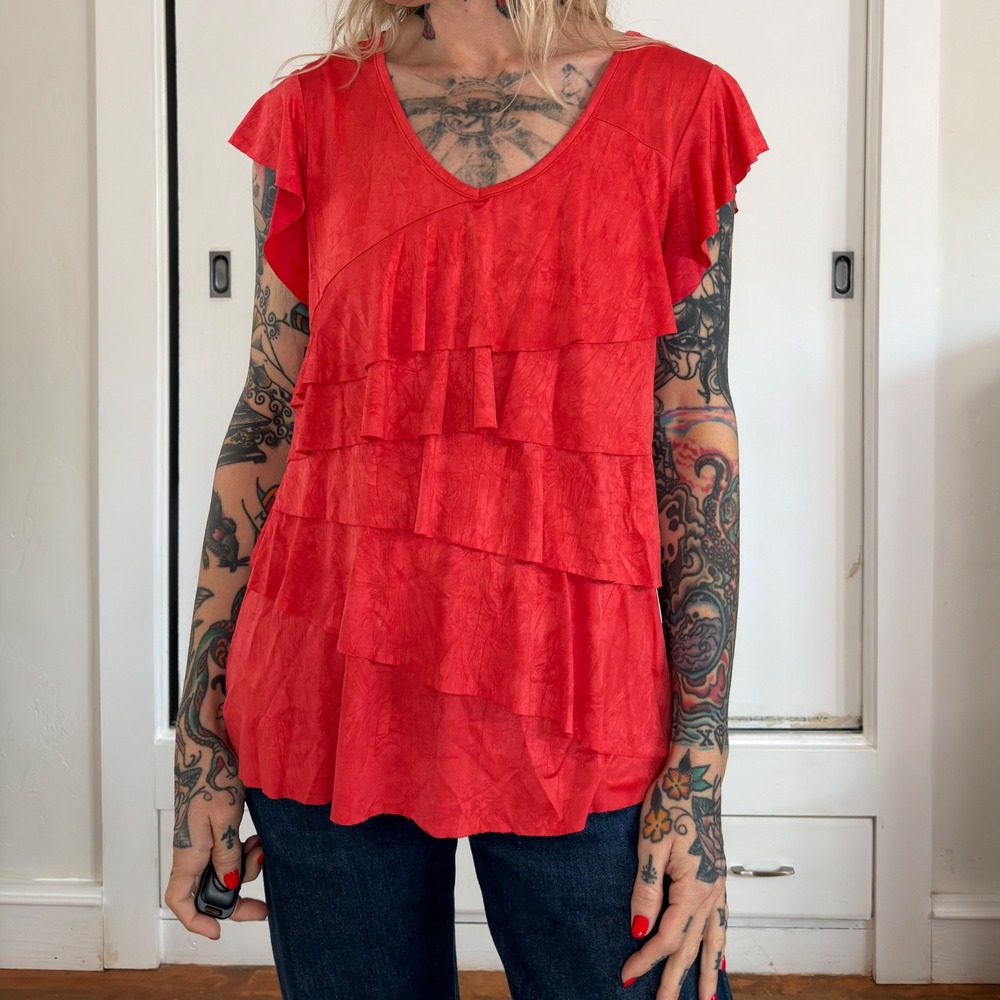 Vintage IZ Byer Red Ruffle Tiered V-Neck Top Y2K Mcbling Party Girl XL